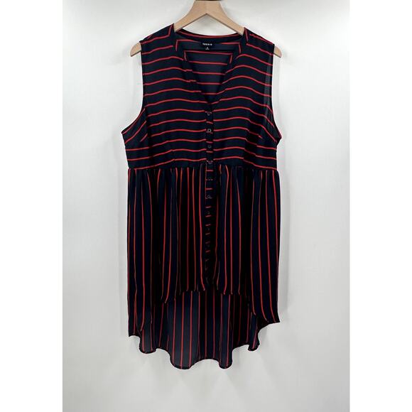 Torrid Hi Low Red & Navy Striped Sleeveless Button Up Tunic Blouse Size 2 - Picture 1 of 7